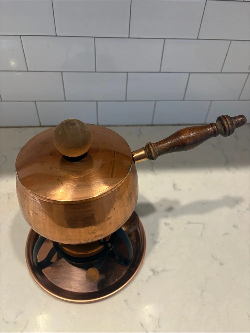 Vintage Copper Fondue Set with Wooden Handle